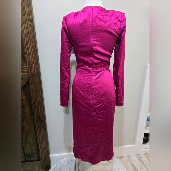 Mac Duggal 26675 Side Twist Long Sleeve Satin Midi Dress NWOT sz 4 Magenta Pink - Picture 5 of 6